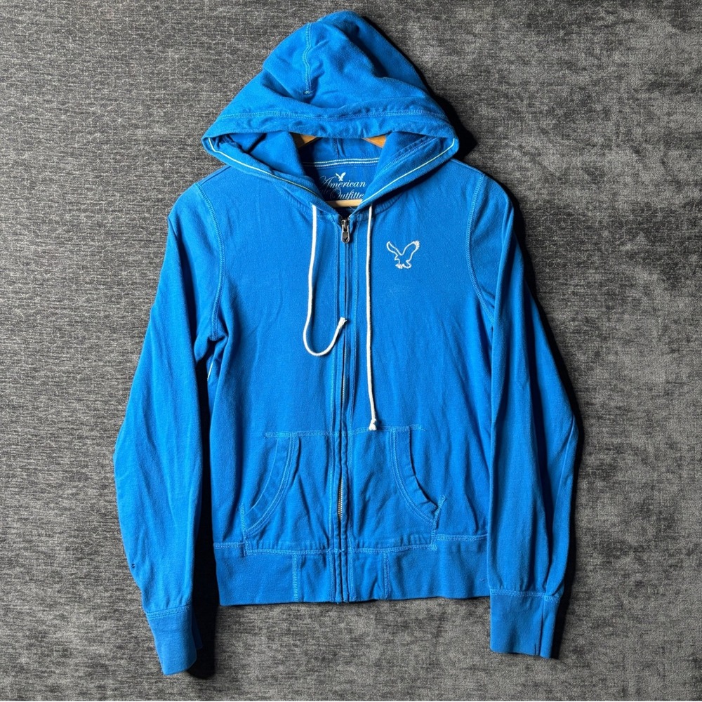 American Eagle Outfitters Womens Blue Full Zip Eagle Logo Hoodie Size Medium